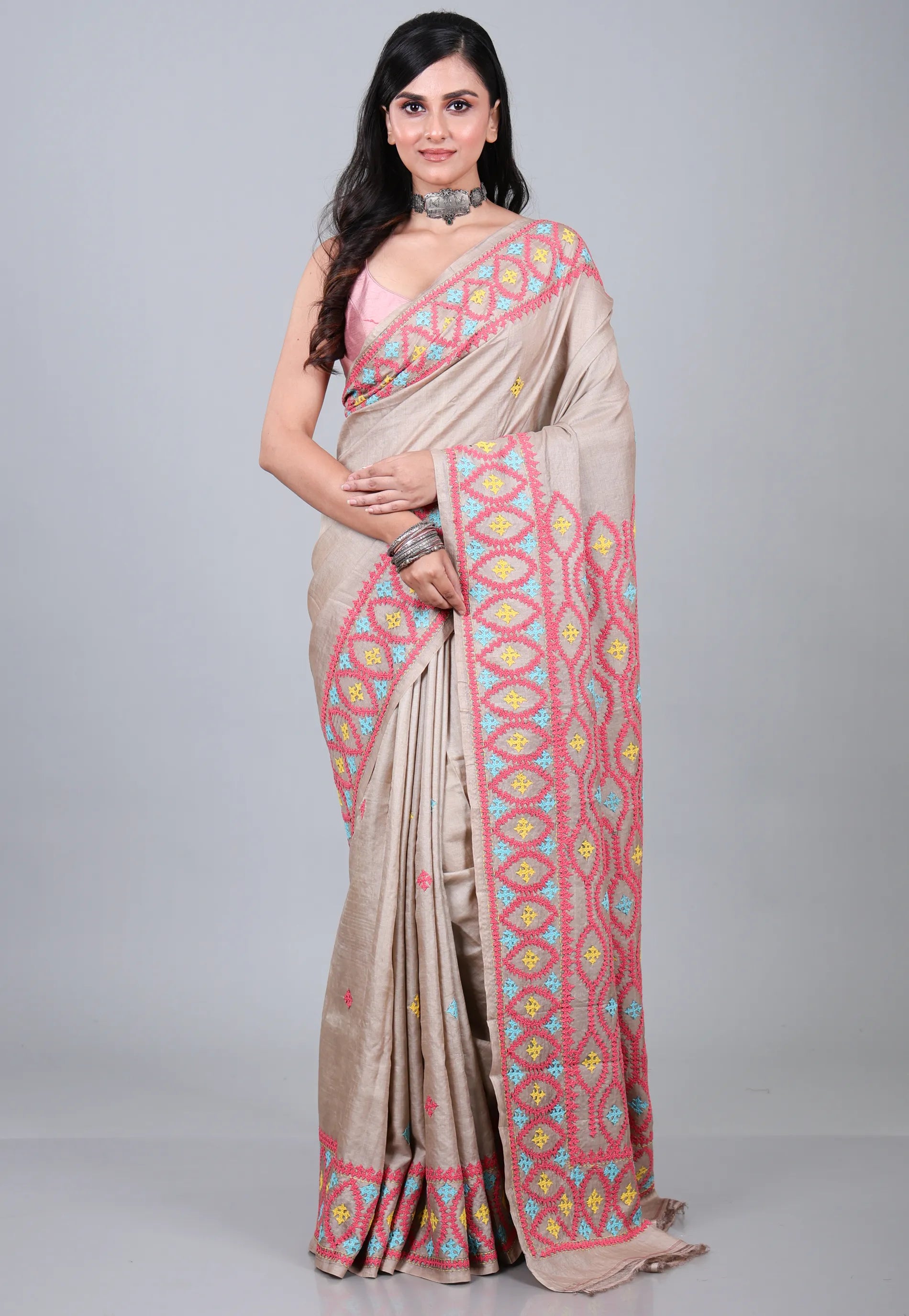 Sand Colour Pure Tussar Kantha Silk Saree With Blouse Piece - Adi Akshoy & Co.