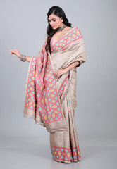Sand Colour Pure Tussar Kantha Silk Saree With Blouse Piece - Adi Akshoy & Co.