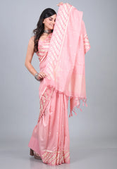 Pink Tussar Kantha Silk Saree With Blouse Piece - Adi Akshoy & Co.