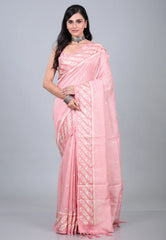 Pink Tussar Kantha Silk Saree With Blouse Piece - Adi Akshoy & Co.