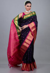 Dark Navy Blue Pure Gadwal Silk Saree With Blouse Piece - Adi Akshoy & Co.