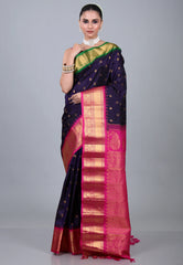 Dark Navy Blue Pure Gadwal Silk Saree With Blouse Piece - Adi Akshoy & Co.