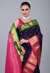 Dark Navy Blue Pure Gadwal Silk Saree With Blouse Piece - Adi Akshoy & Co.