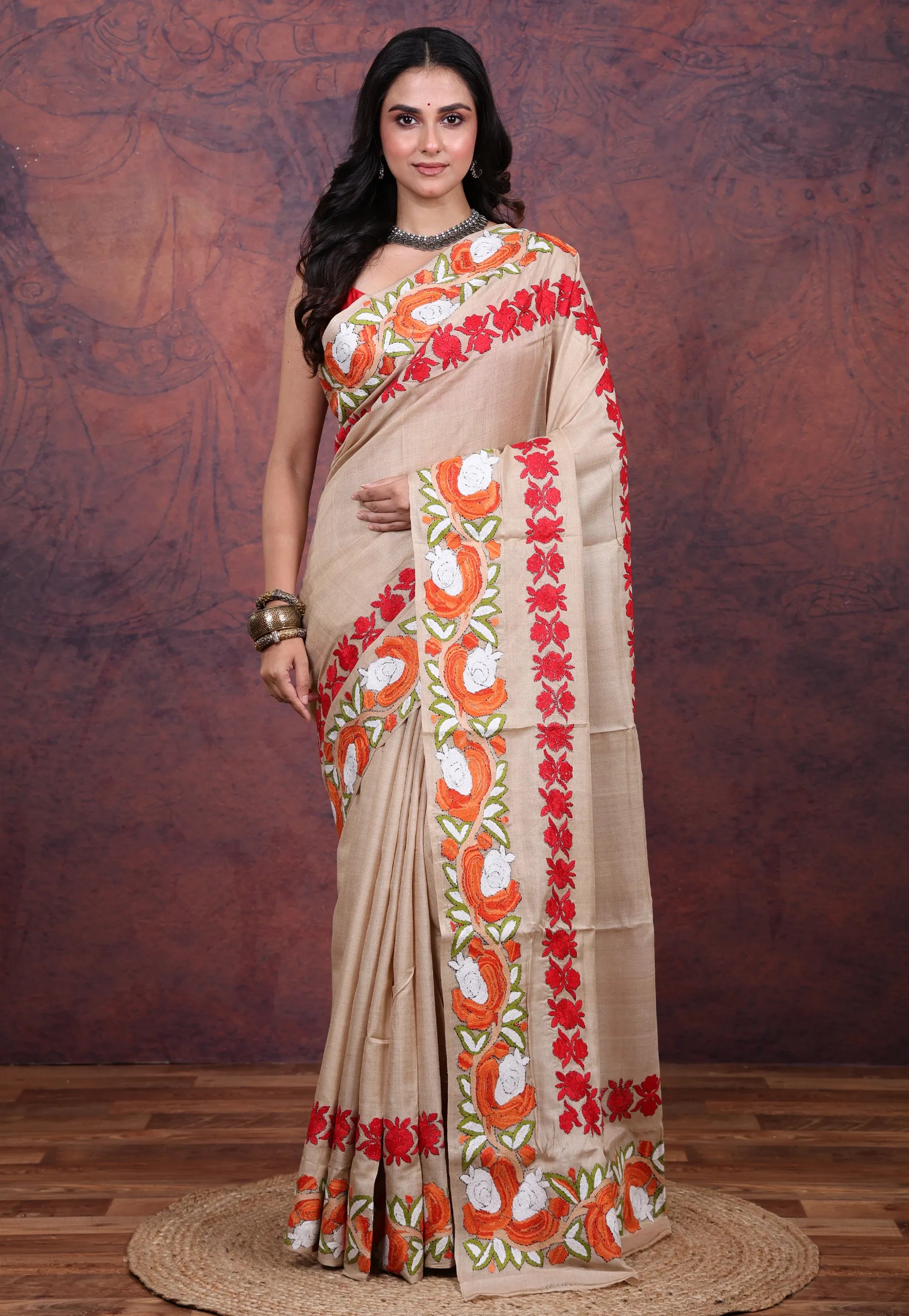 Beige Pure Tussar Kantha Silk Saree With Blouse Piece - Adi Akshoy & Co.