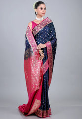 Navy Blue Wedding Banarasi Silk Saree with Blouse Piece - Adi Akshoy & Co.
