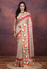 Beige Pure Tussar Kantha Silk Saree With Blouse Piece - Adi Akshoy & Co.