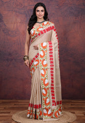 Beige Pure Tussar Kantha Silk Saree With Blouse Piece - Adi Akshoy & Co.