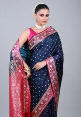Navy Blue Wedding Banarasi Silk Saree with Blouse Piece - Adi Akshoy & Co.
