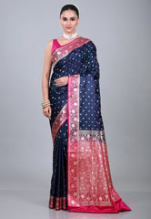 Navy Blue Wedding Banarasi Silk Saree with Blouse Piece - Adi Akshoy & Co.