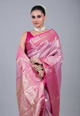 Pink Brocade Tissue Kanjivaram Silk Saree With Blouse Piece - Adi Akshoy & Co.