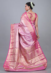 Pink Brocade Tissue Kanjivaram Silk Saree With Blouse Piece - Adi Akshoy & Co.
