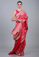 Red Pure Katan Jaal Silk Saree with Blouse Piece - Adi Akshoy & Co.