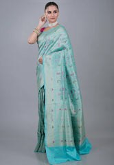 Aqua Blue Pure Shikargah Katan Silk Saree With Blouse Piece - Adi Akshoy & Co.