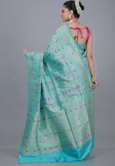 Aqua Blue Pure Shikargah Katan Silk Saree With Blouse Piece - Adi Akshoy & Co.