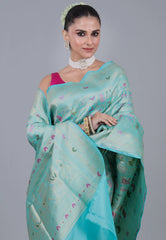 Aqua Blue Pure Shikargah Katan Silk Saree With Blouse Piece - Adi Akshoy & Co.