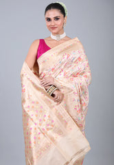 Beige Pure Meena Katan Silk Saree with Blouse Piece - Adi Akshoy & Co.