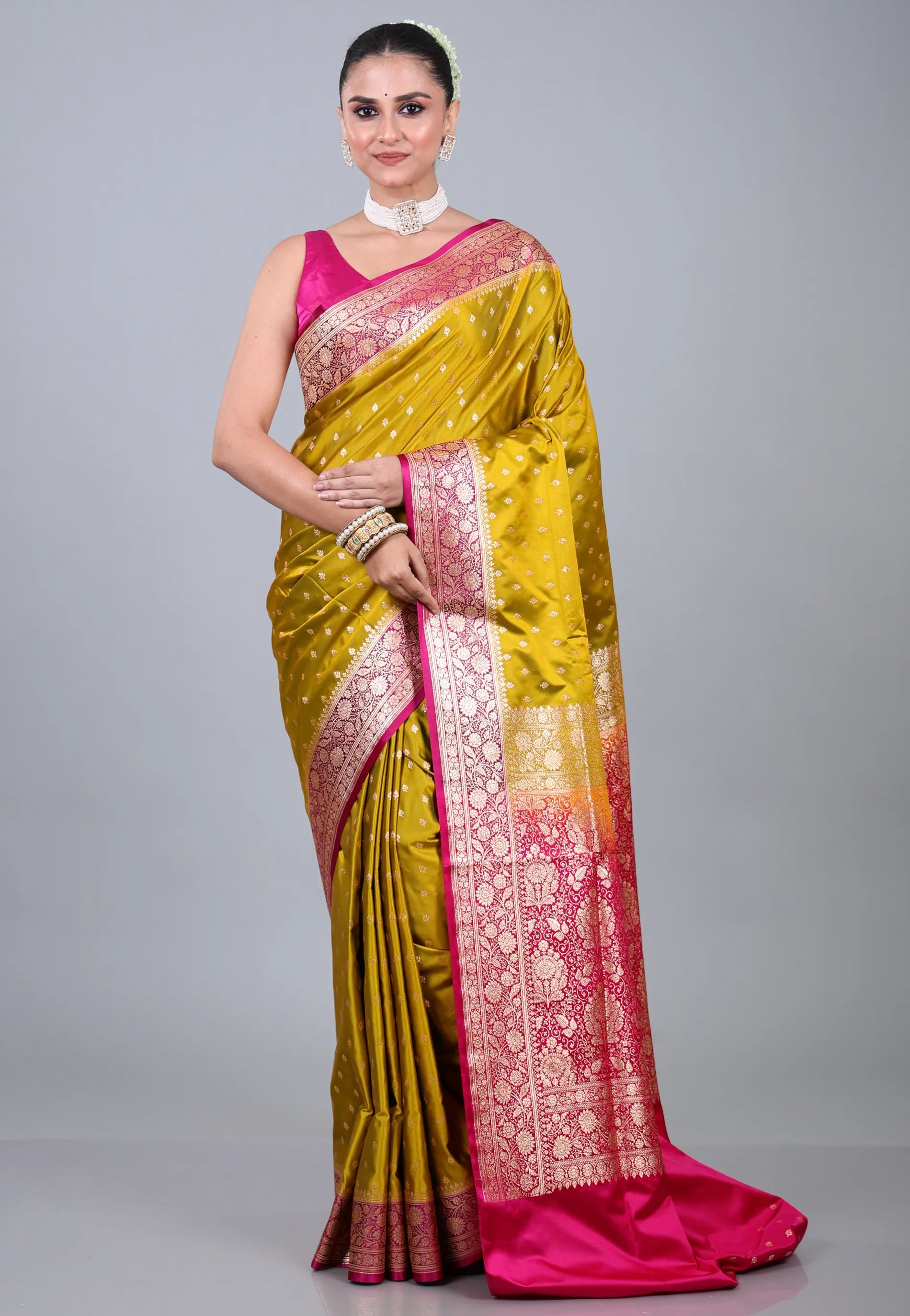 Olive Green Pastel Banarasi Saree With Blouse Piece - Adi Akshoy & Co.