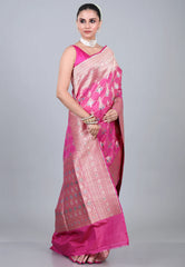 Rani Pink Pure Meena Katan Silk Saree with Blouse Piece - Adi Akshoy & Co.