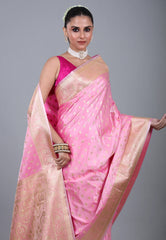 Pink Blue Pastel Banarasi Saree With Blouse Piece - Adi Akshoy & Co.