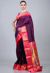 Dark Purple Paithani Silk Saree With Blouse Piece - Adi Akshoy & Co.