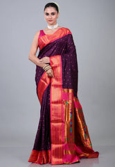 Dark Purple Paithani Silk Saree With Blouse Piece - Adi Akshoy & Co.