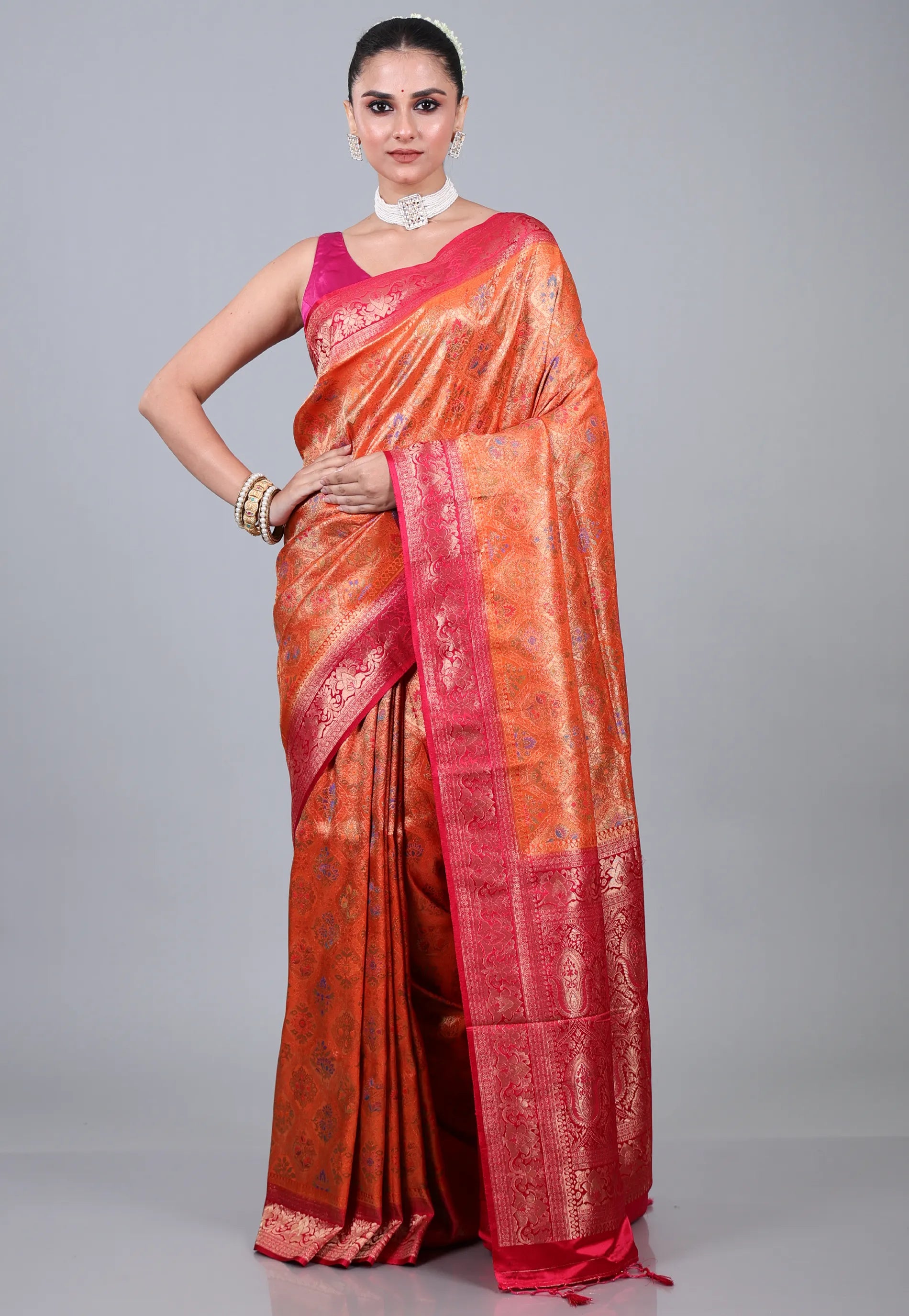 Orange Brocade Katan Silk Saree with Blouse Piece - Adi Akshoy & Co.