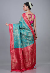 Sky Blue Brocade Katan Silk Saree with Blouse Piece - Adi Akshoy & Co.