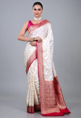 White Mashru Silk Saree with Blouse Piece - Adi Akshoy & Co.