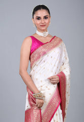 White Mashru Silk Saree with Blouse Piece - Adi Akshoy & Co.