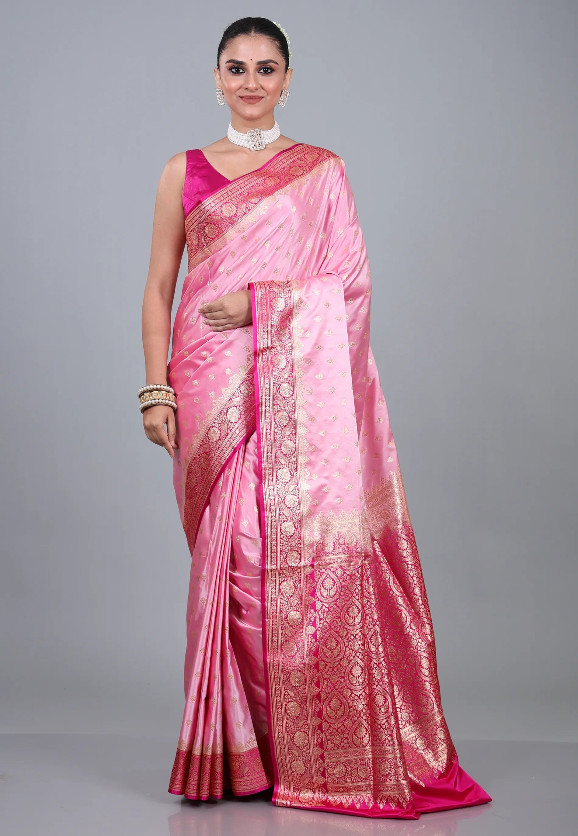 Pink Pastel Banarasi Saree With Blouse Piece - Adi Akshoy & Co.