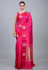 Rani Pink Pure Katan Silk Saree with Blouse Piece - Adi Akshoy & Co.