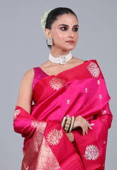 Rani Pink Pure Katan Silk Saree with Blouse Piece - Adi Akshoy & Co.