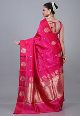 Rani Pink Pure Katan Silk Saree with Blouse Piece - Adi Akshoy & Co.