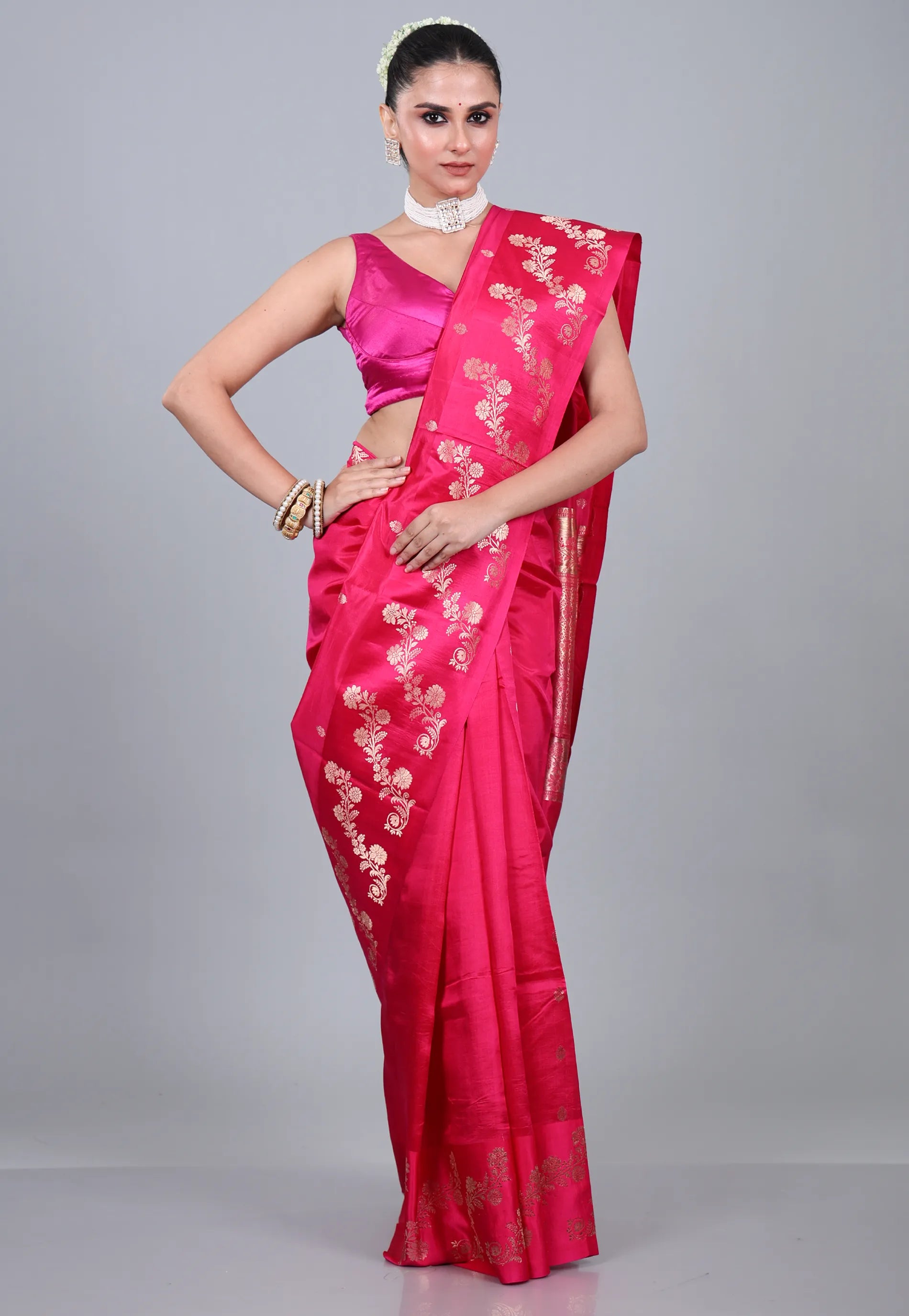 Rani Pink Pure Katan Silk Saree with Blouse Piece - Adi Akshoy & Co.