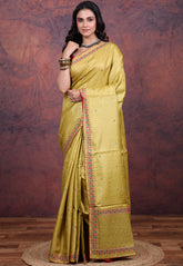Pista Green Pure Tussar Kantha Silk Saree With Blouse Piece - Adi Akshoy & Co.
