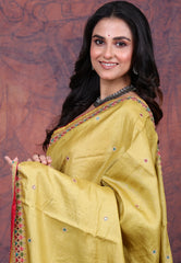 Pista Green Pure Tussar Kantha Silk Saree With Blouse Piece - Adi Akshoy & Co.