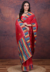 Red Pure Tussar Kantha Silk Saree With Blouse Piece - Adi Akshoy & Co.