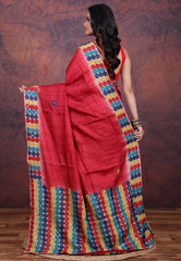 Red Pure Tussar Kantha Silk Saree With Blouse Piece - Adi Akshoy & Co.