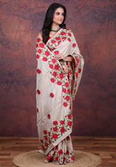 Off White Pure Tussar Kantha Silk Saree With Blouse Piece - Adi Akshoy & Co.