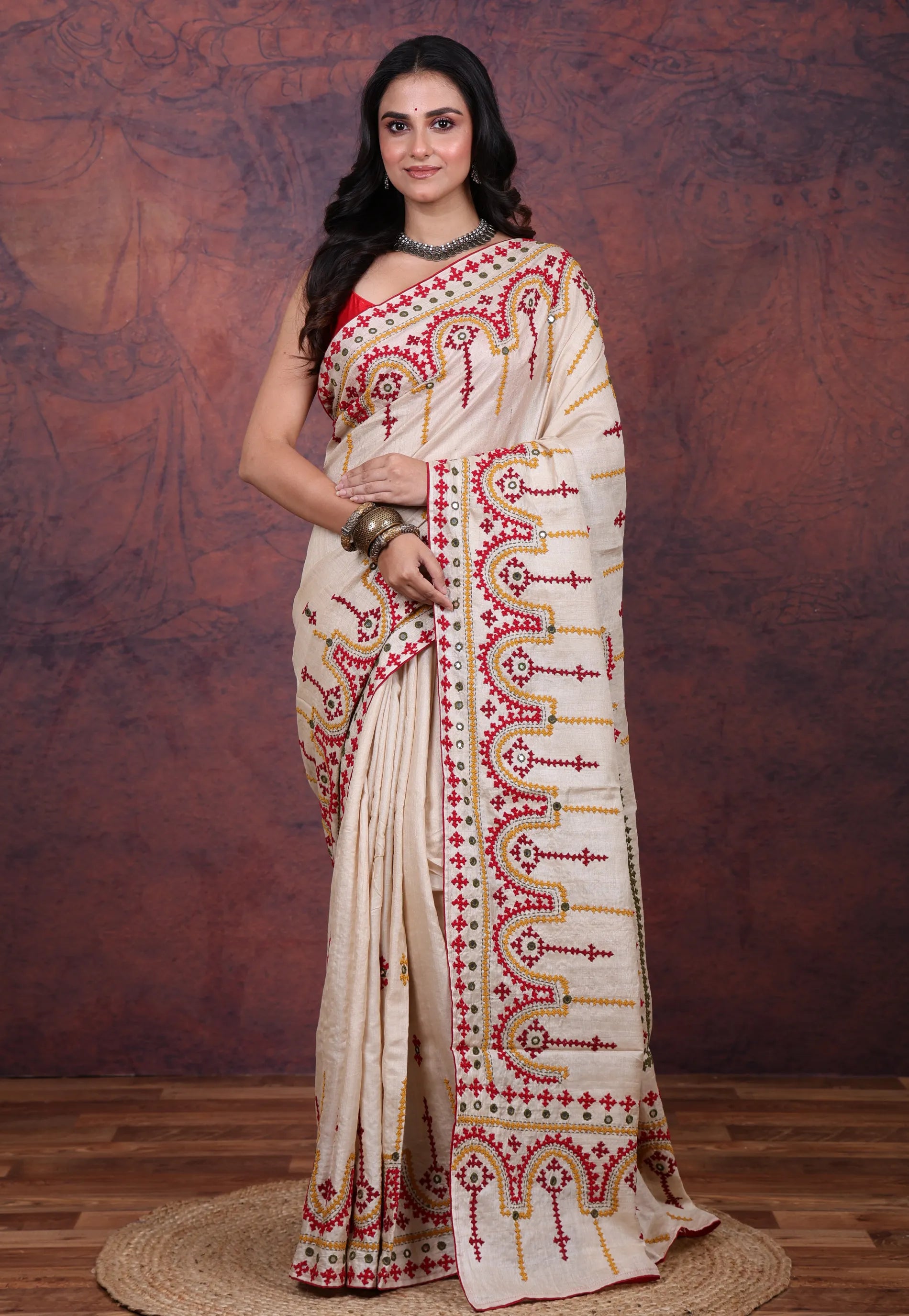 Tussar Colour Pure Tussar Kantha Silk Saree With Blouse Piece - Adi Akshoy & Co.