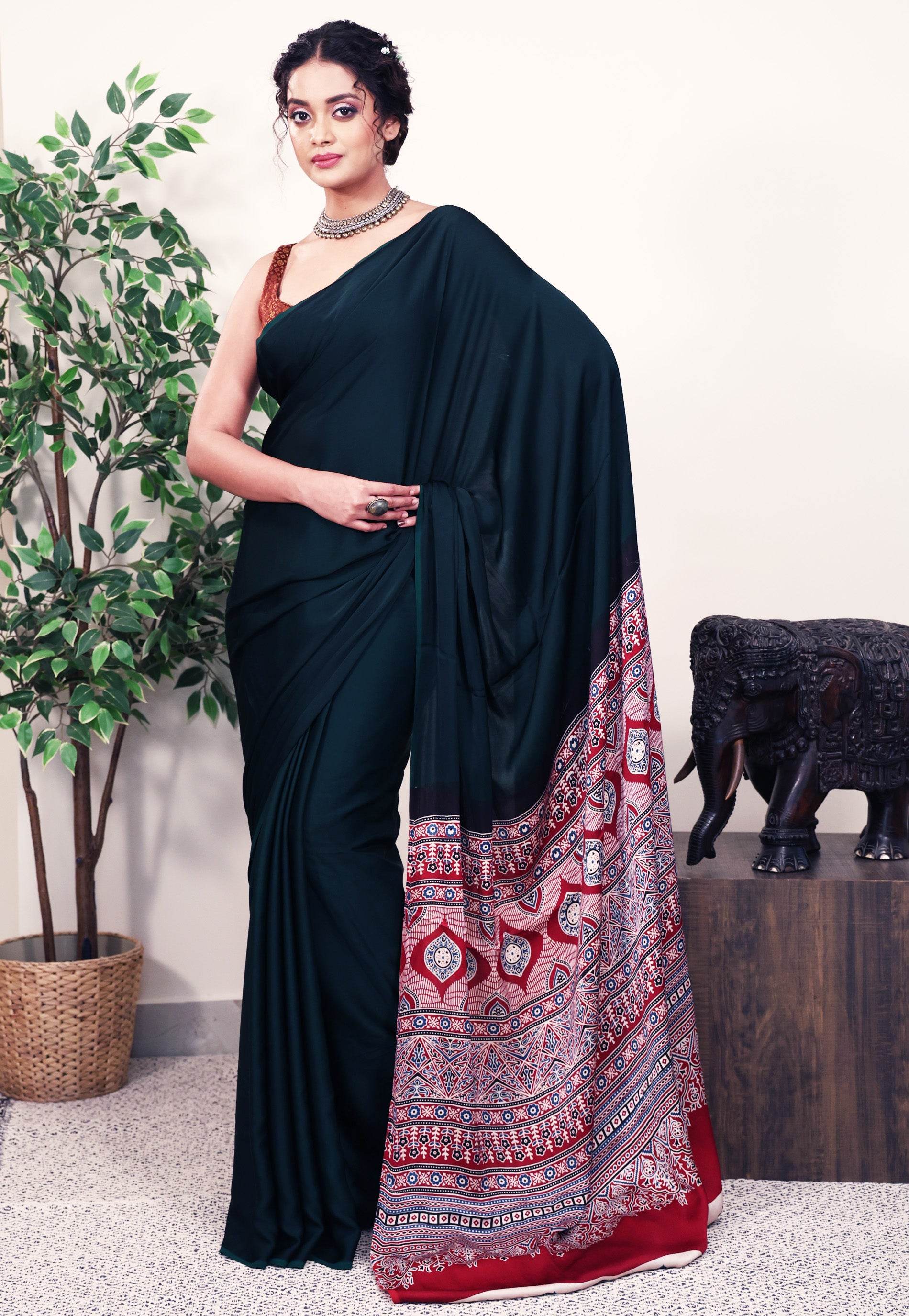 Bottle Green Ajrakh print in Modal Silk Saree With Blouse Piece - Adi Akshoy & Co.