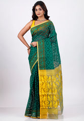 Bottle Green Dhakai Jamdani Cotton Saree without Blouse Piece