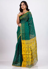 Bottle Green Dhakai Jamdani Cotton Saree without Blouse Piece