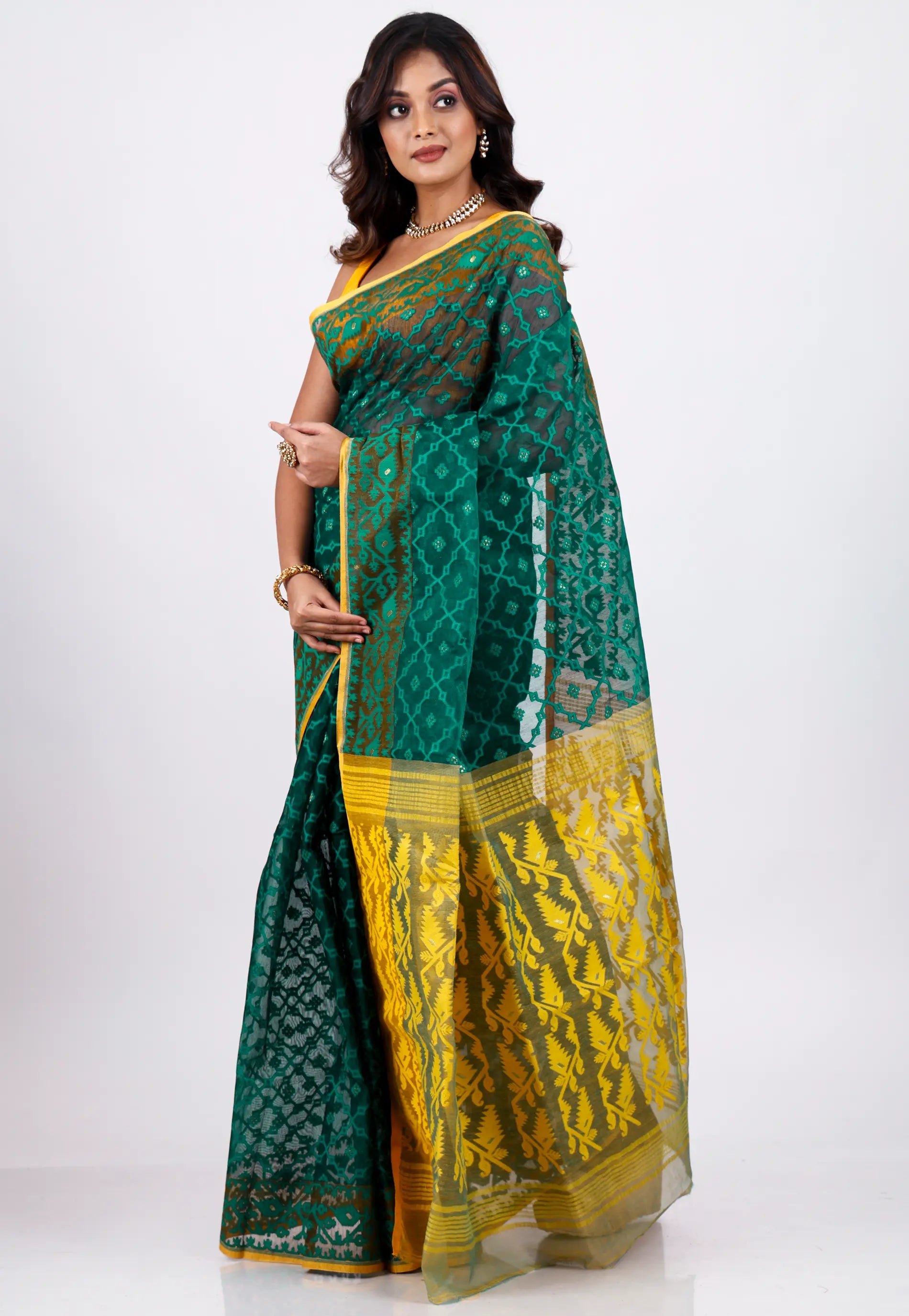 Bottle Green Dhakai Jamdani Cotton Saree without Blouse Piece
