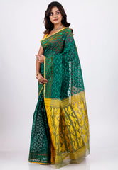 Bottle Green Dhakai Jamdani Cotton Saree without Blouse Piece