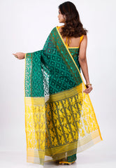 Bottle Green Dhakai Jamdani Cotton Saree without Blouse Piece