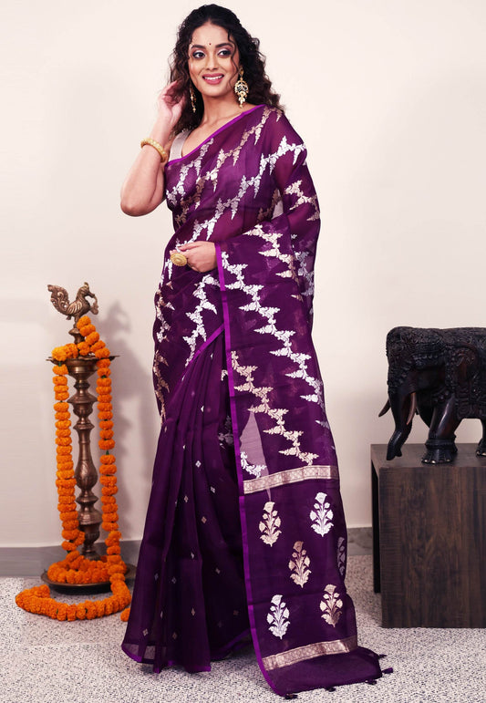 Purple Kora Silk Saree With Blouse Piece - Adi Akshoy & Co.