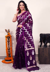 Purple Kora Silk Saree With Blouse Piece - Adi Akshoy & Co.