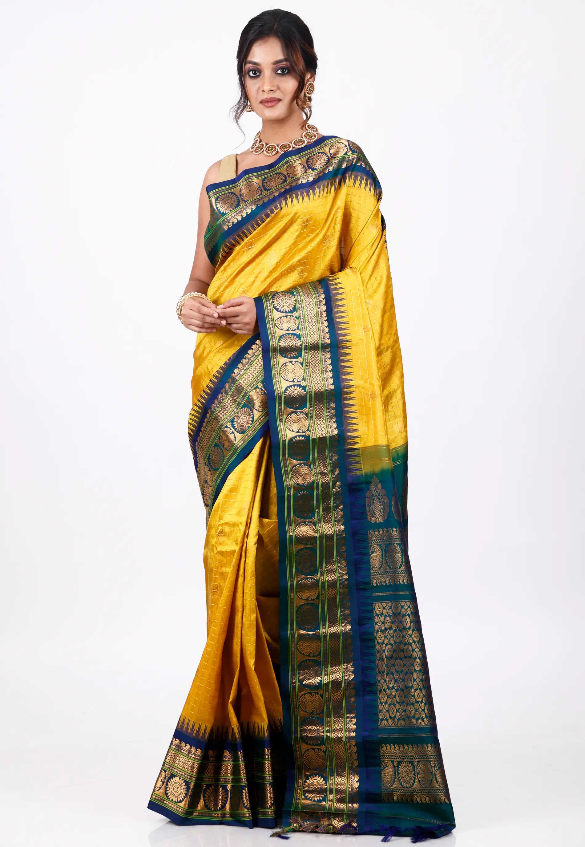 Yellow with Blue Border Gadwal Pure Silk Saree With Blouse Piece