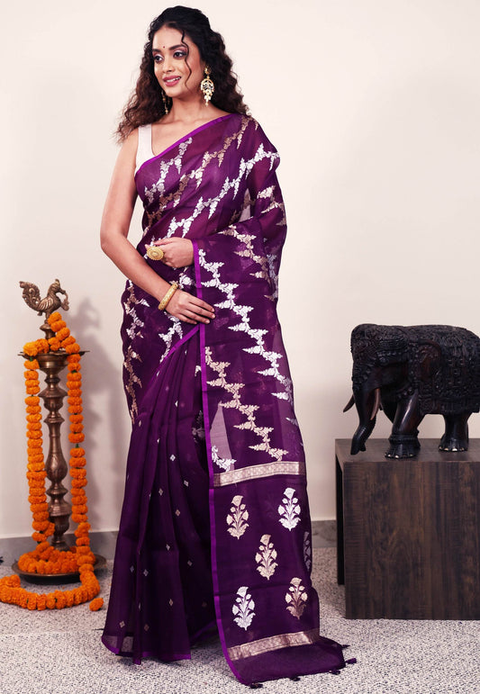 Purple Kora Silk Saree With Blouse Piece - Adi Akshoy & Co.